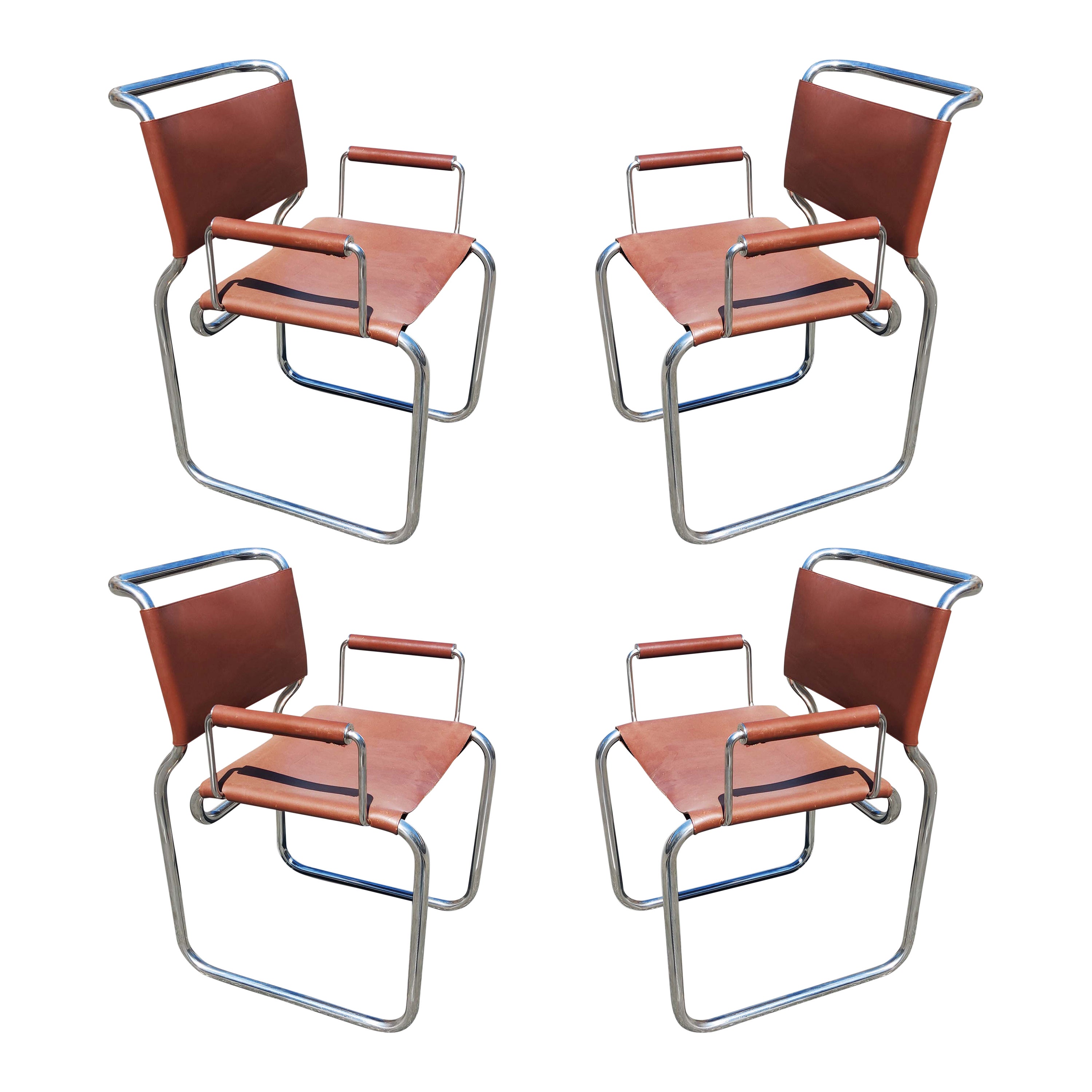Nicos Zographos ensemble de 4 fauteuils de salle à manger rares en acier inoxydable et cuir en vente
