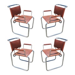 Set of 4 Nicos Zographos Rare Stainless Steel & Leather Armchairs Dining Chairs