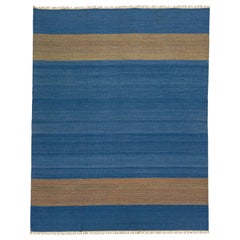 Tapis turc moderne en laine Kilim bleu à tissage plat avec design minimaliste