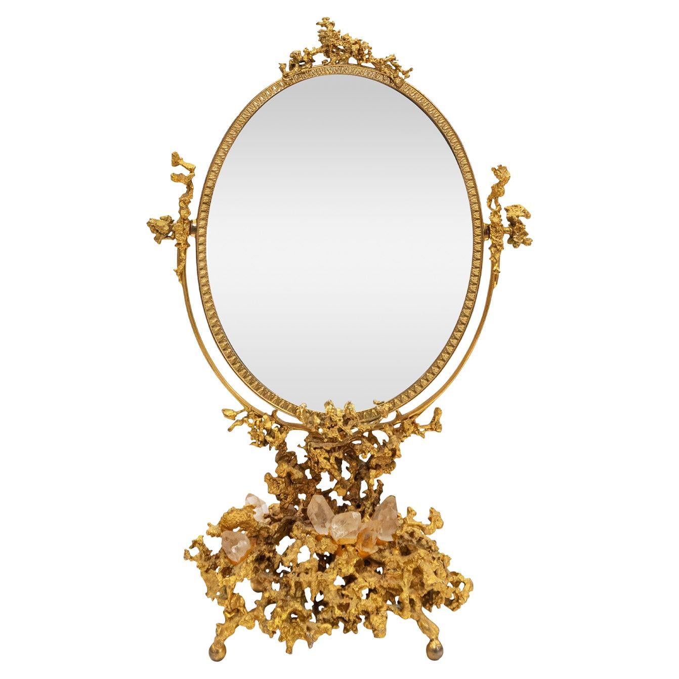 Rare miroir de coiffeuse Claude Victor Boeltz en or avec cristaux de roche 1983 (signé) en vente