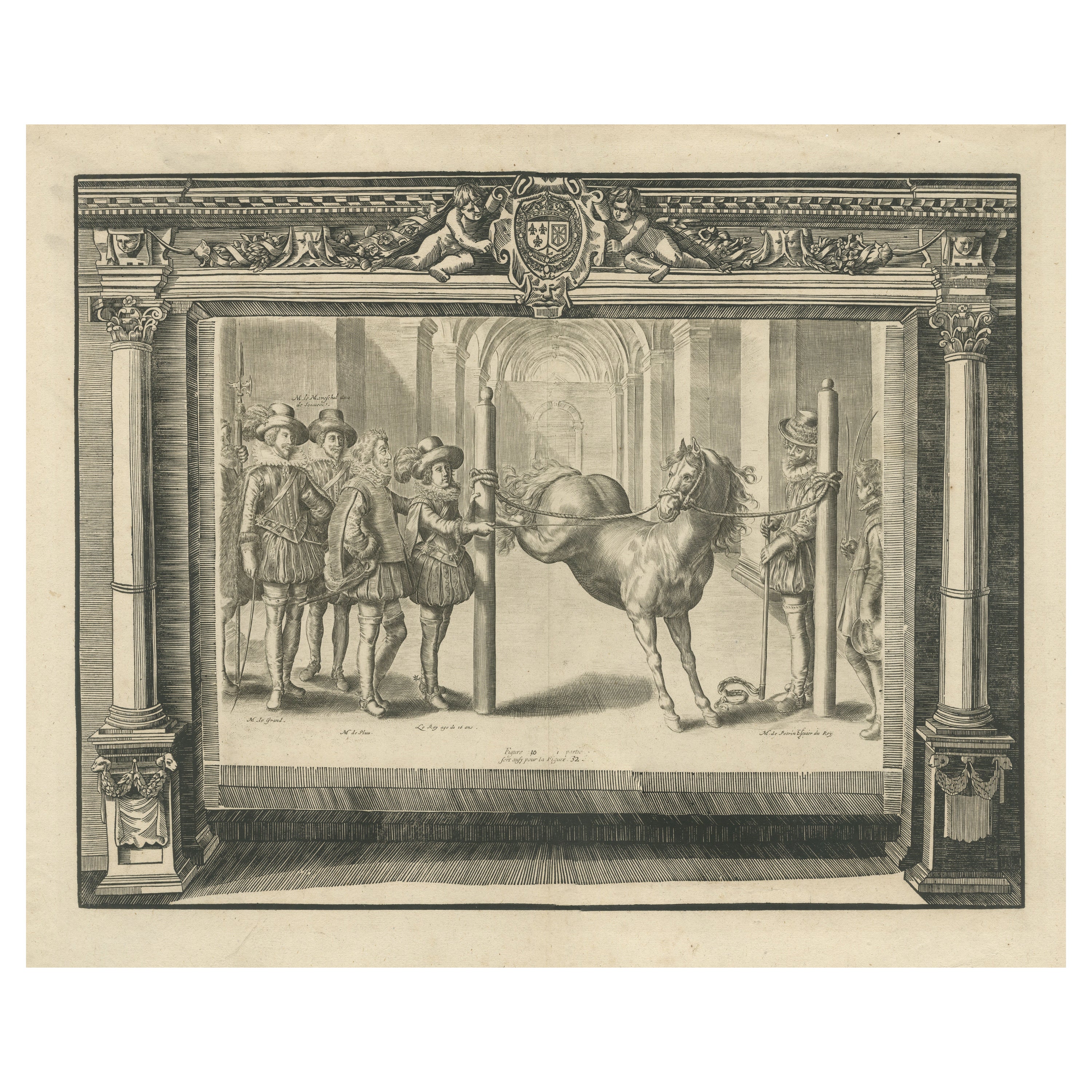 Impression ancienne du roi français Louis XIII avec d'autres personnages et un cheval