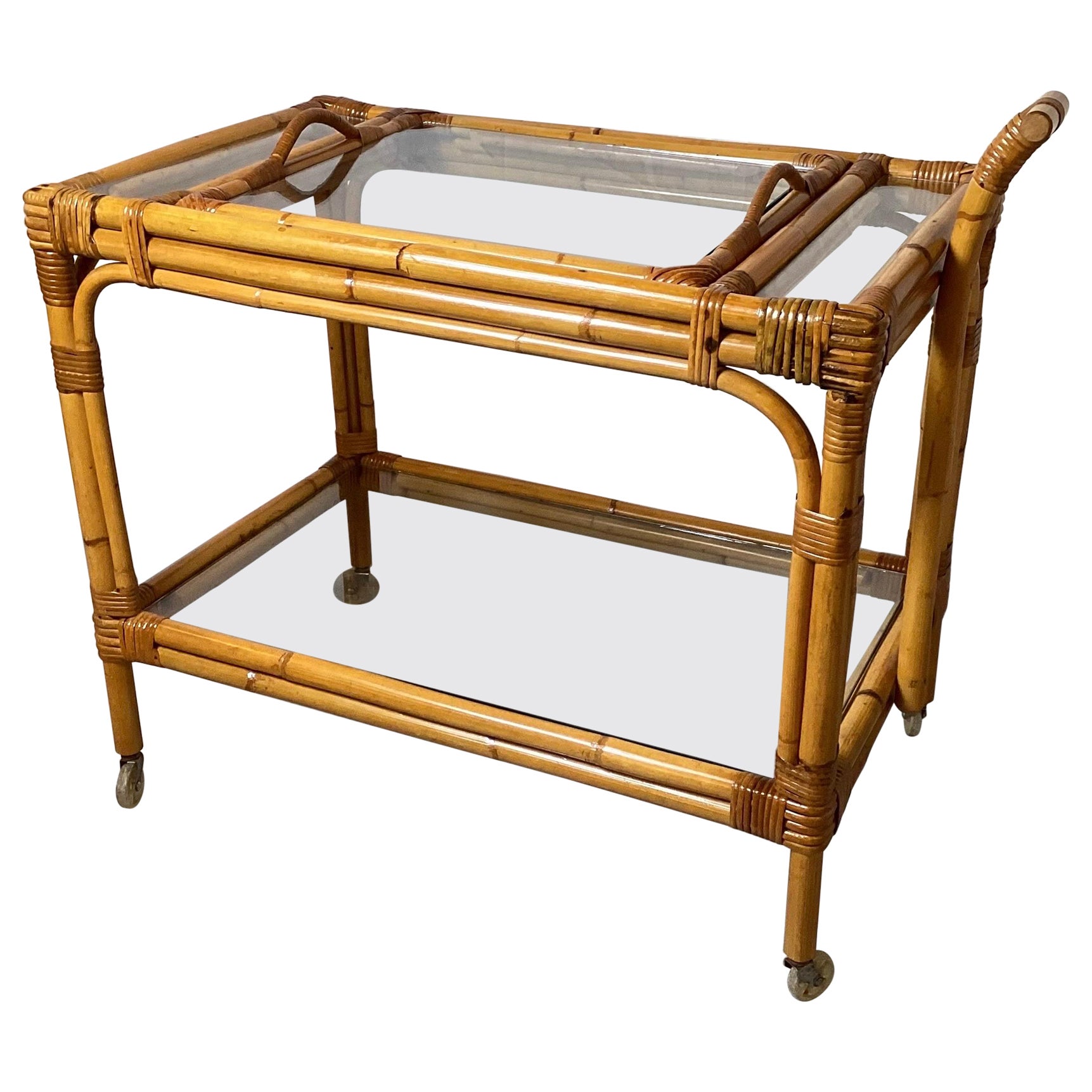 Rococo Cast Brass and Black Glass Serving Bar Cart with Removable Tray