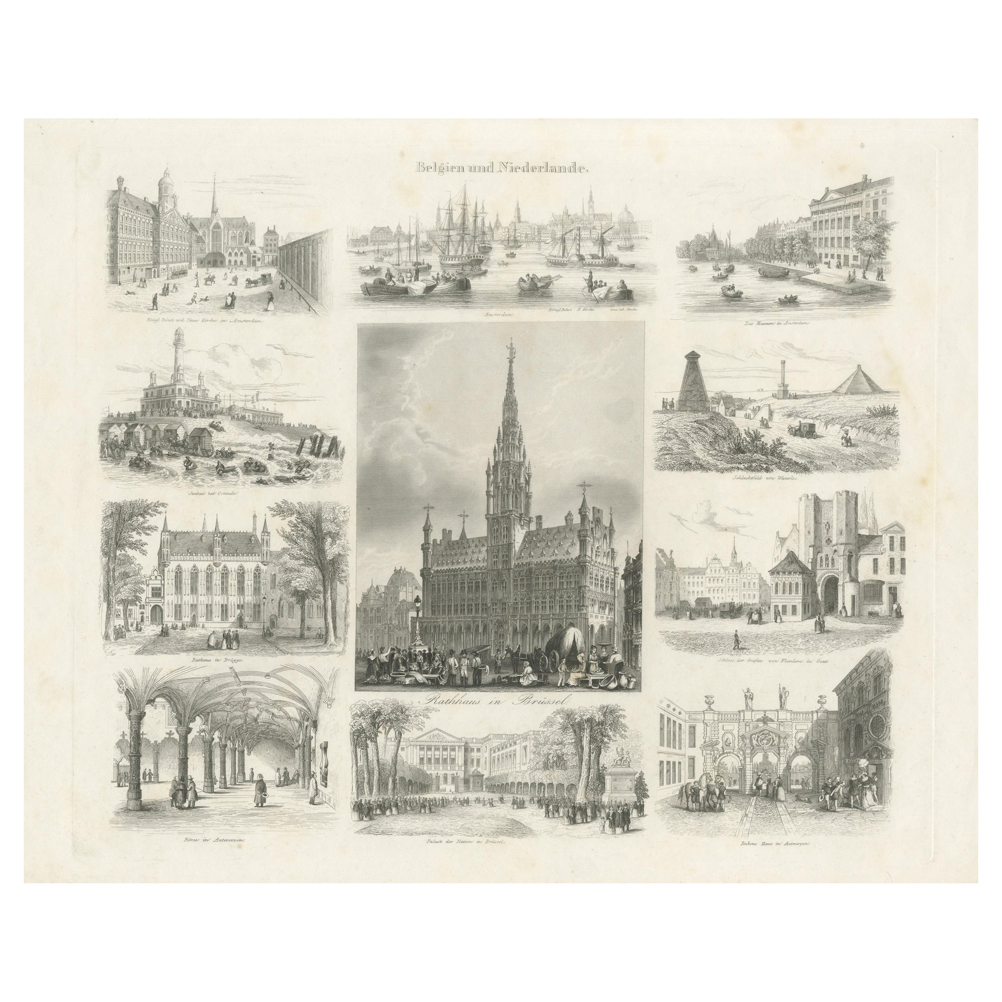 Antique Print with Various Views of Belgium and the Netherlands For Sale