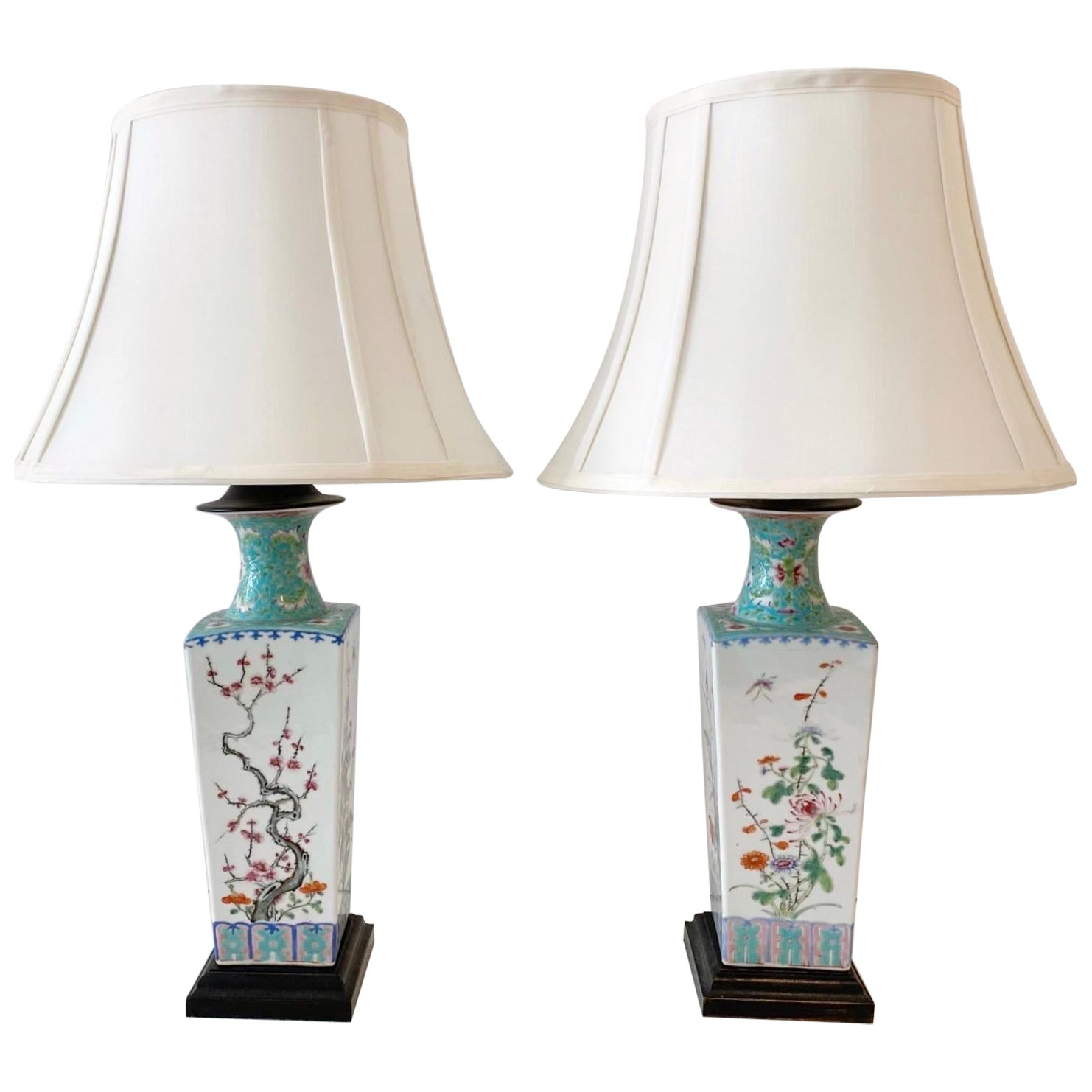 Pair Chinese Export Turquoise/ White Famille-Verte Floral Vases Now as Lamps For Sale