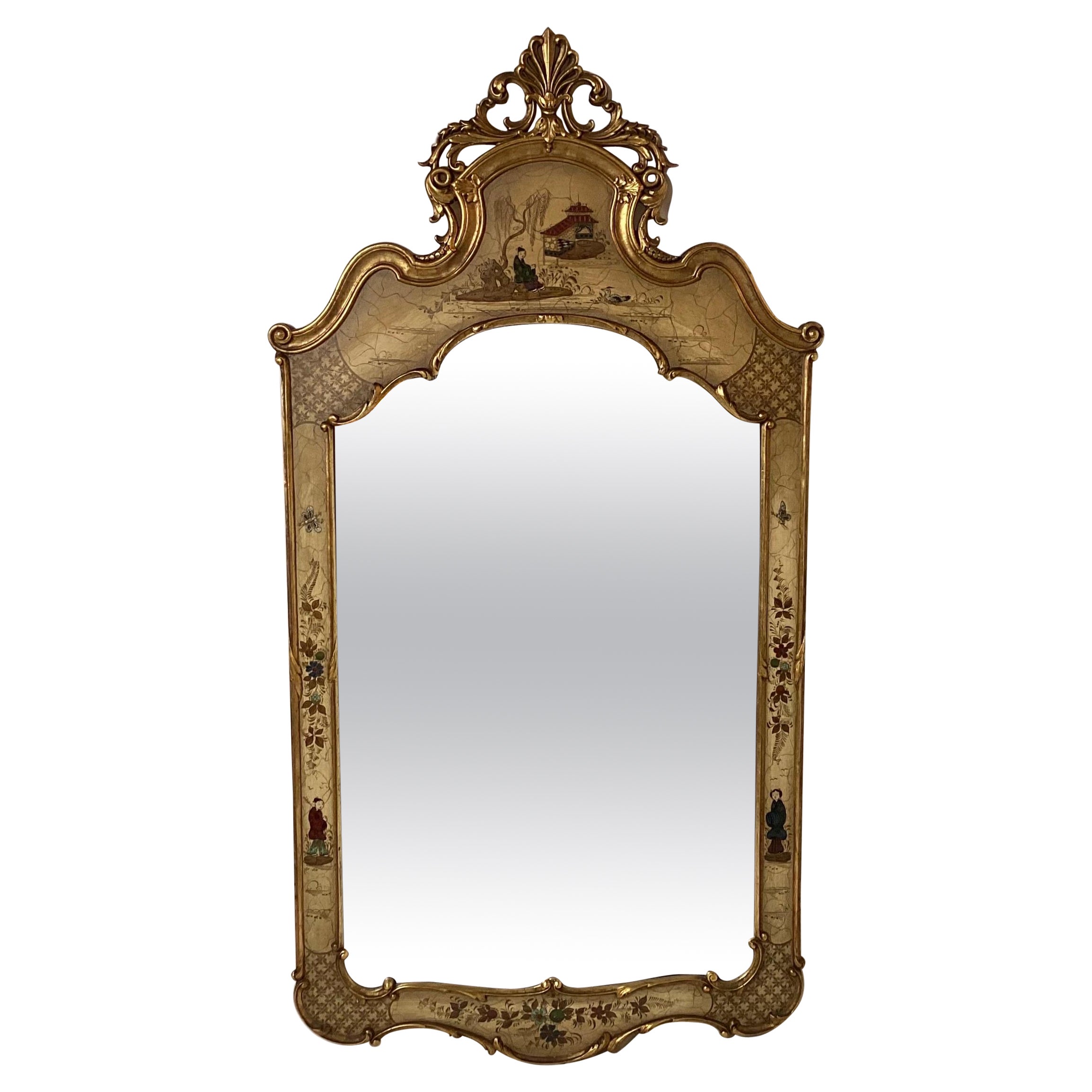 Hand Painted and Gilt Chinoiserie Famed Mirror  For Sale