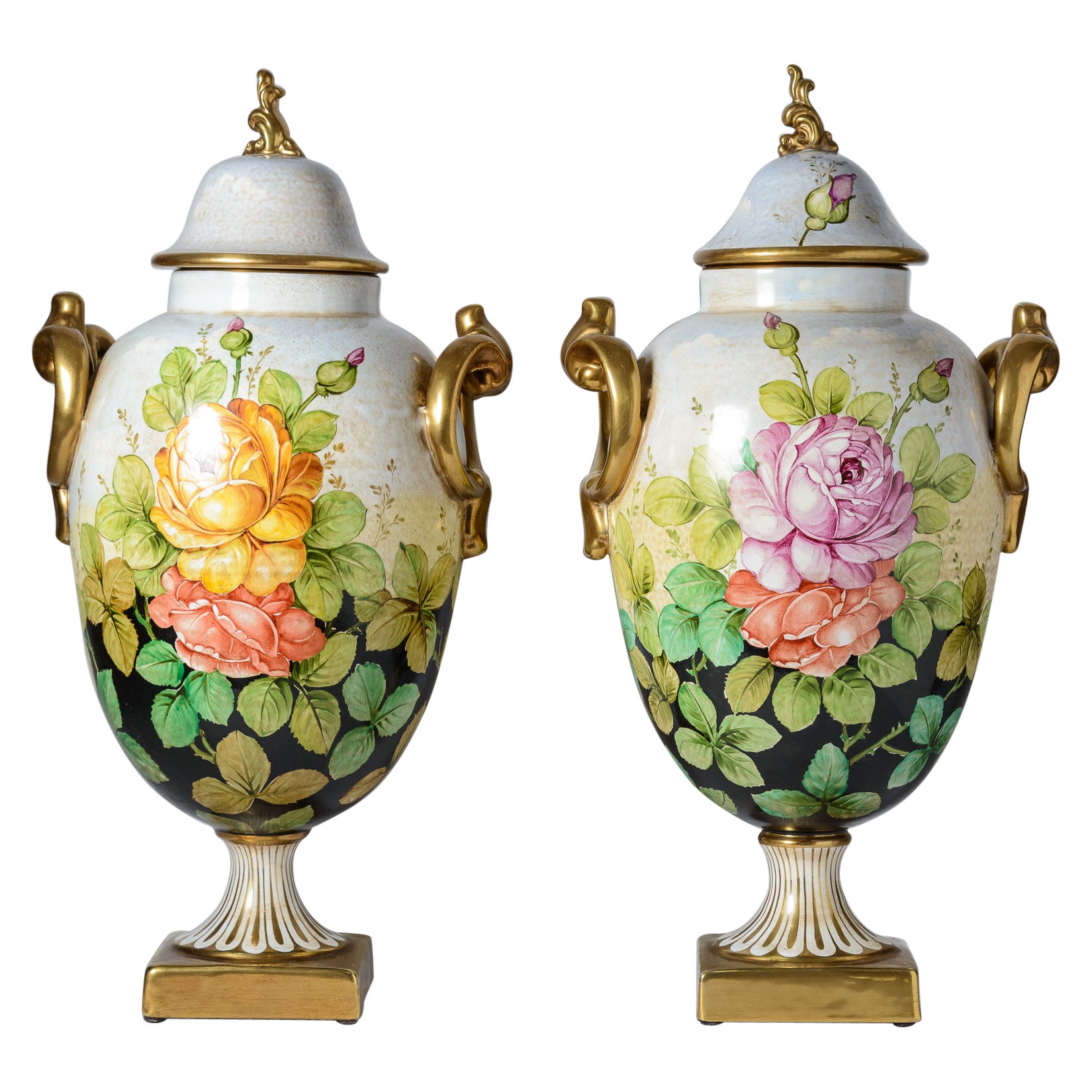 Pair Very Tall Hand Painted Vintage Italian Ceramic Urns, Artist Signed For Sale