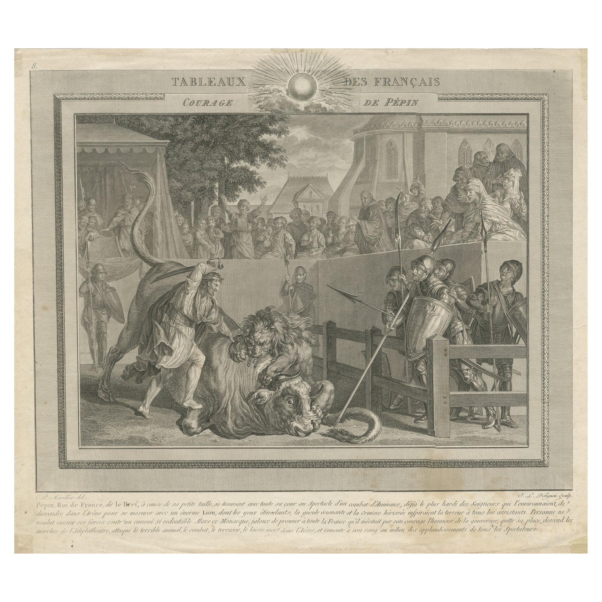 Antique Print of the Bravery of Pepin the Short, First King of the Franks For Sale
