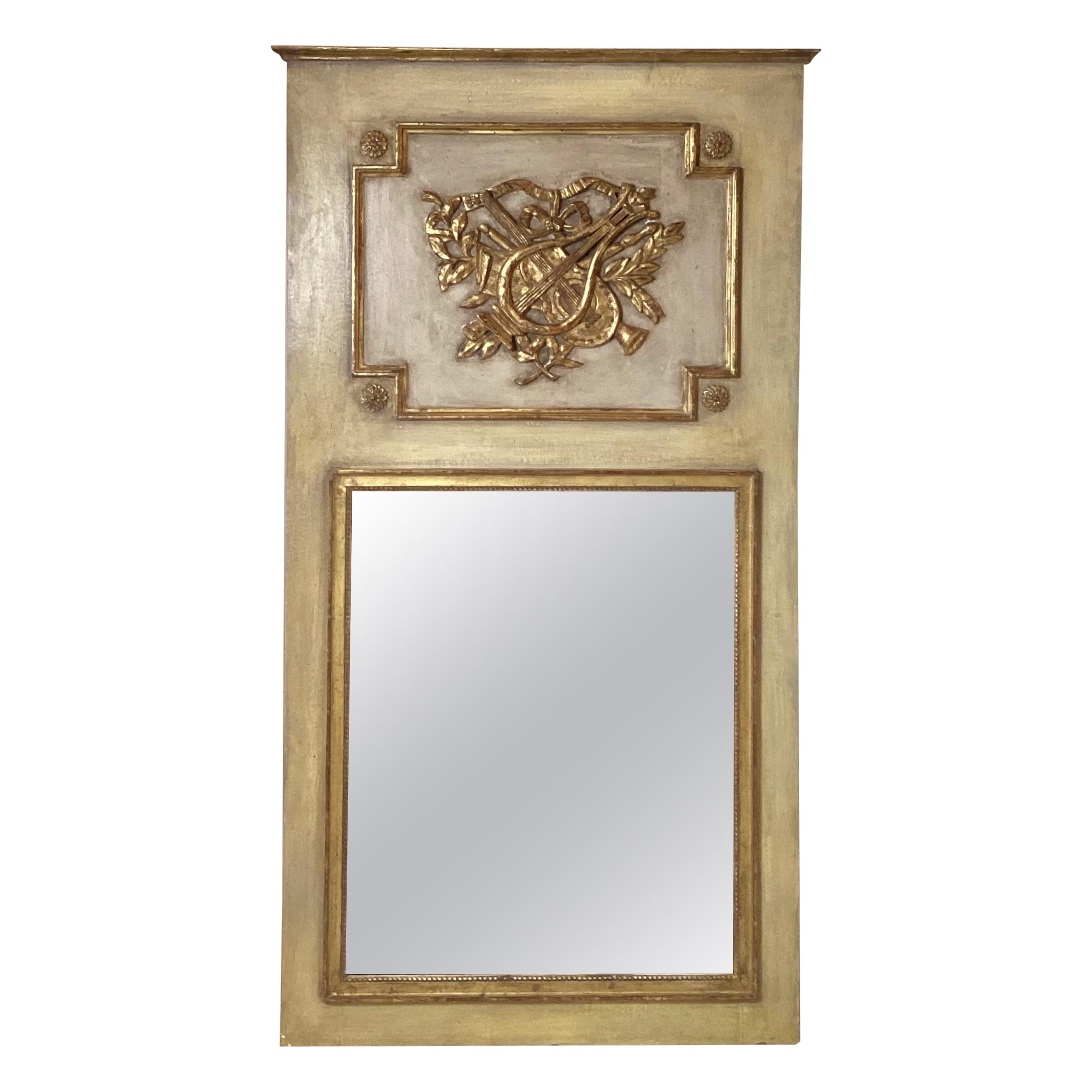 20th Century French Trumeau Mirror, Parcel Gilt and Hand Painted For Sale