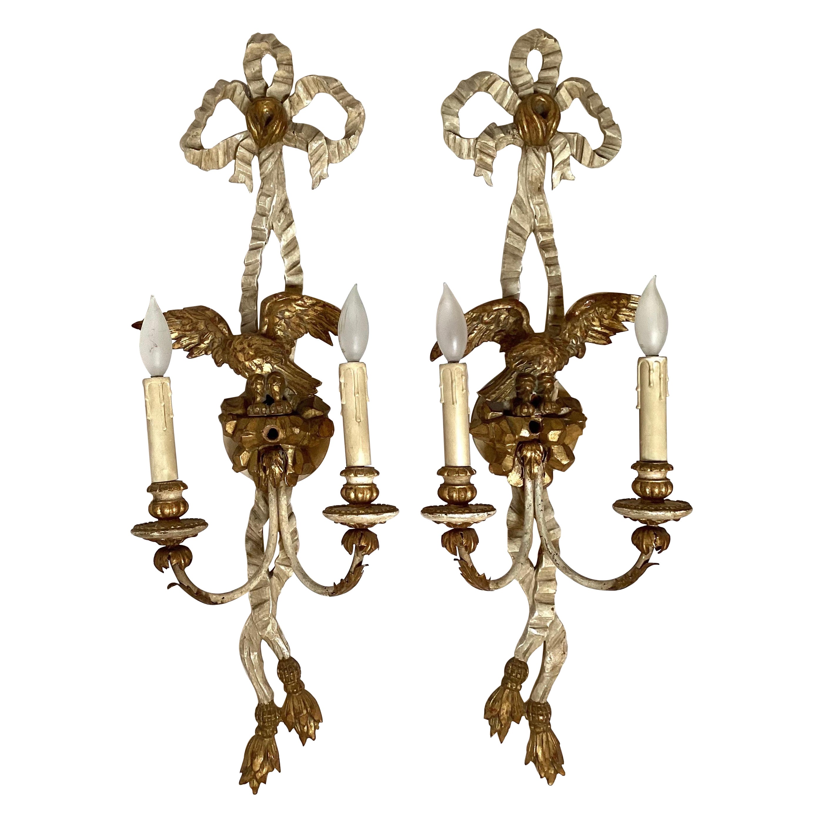 Pair Early 20th C. Hand Carved Continental Parcel Gilt Eagle Motif Wall Sconces For Sale