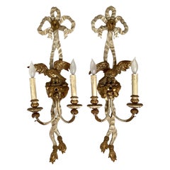 Pair Early 20th C. Hand Carved Continental Parcel Gilt Eagle Motif Wall Sconces