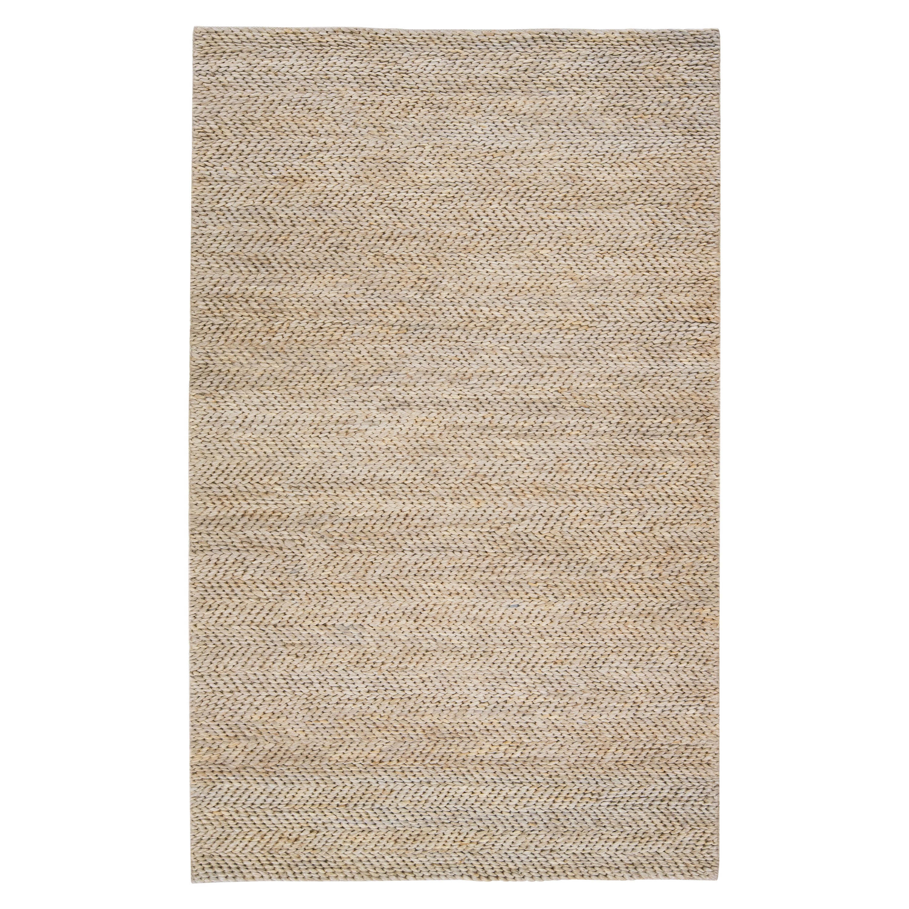 Modern Texture Hand Woven Jute & Cotton Area Rug In Natural Beige Color