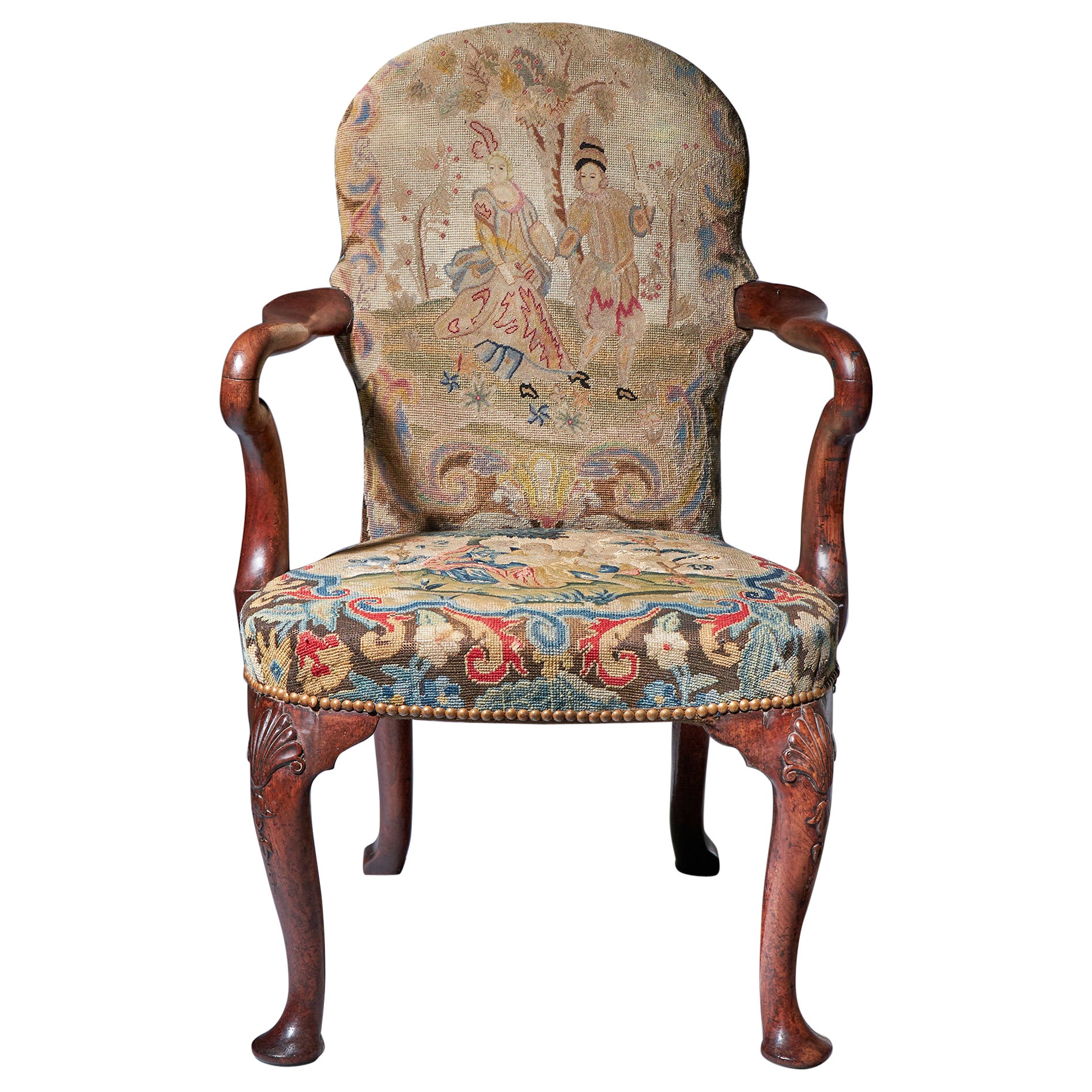 18th Century George I Walnut Shepherds Crook Armchair with Period Needlework For Sale