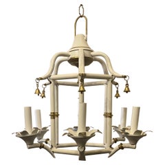 Wonderful White & Gold Gilt Tole Pagoda Bamboo Chinoiserie Fixture Chandelier