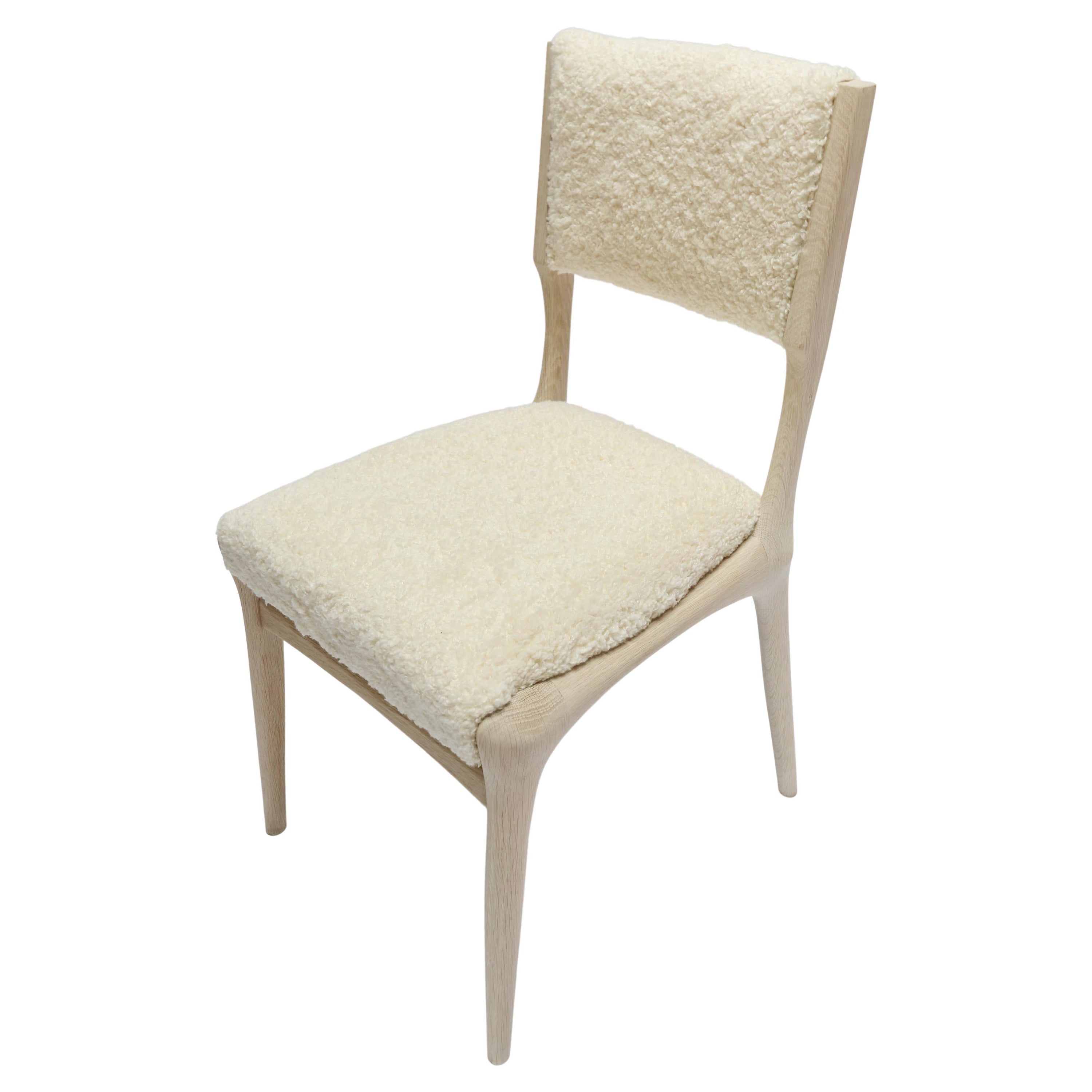 Custom Midcentury Style Oak Dining Chair in Ivory Bouclé For Sale