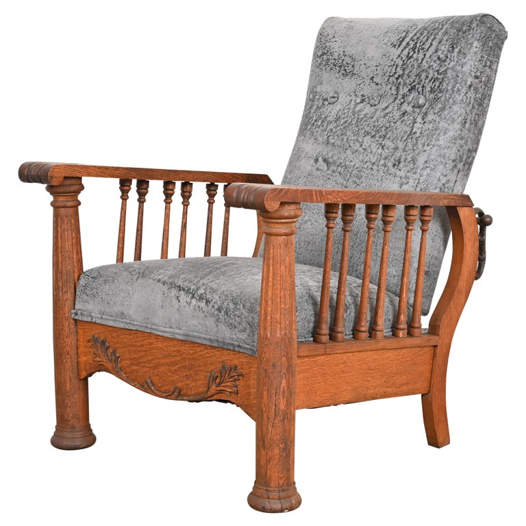 Antique Mission Arts and Crafts Oak and Leather Reclining Morris Chair
