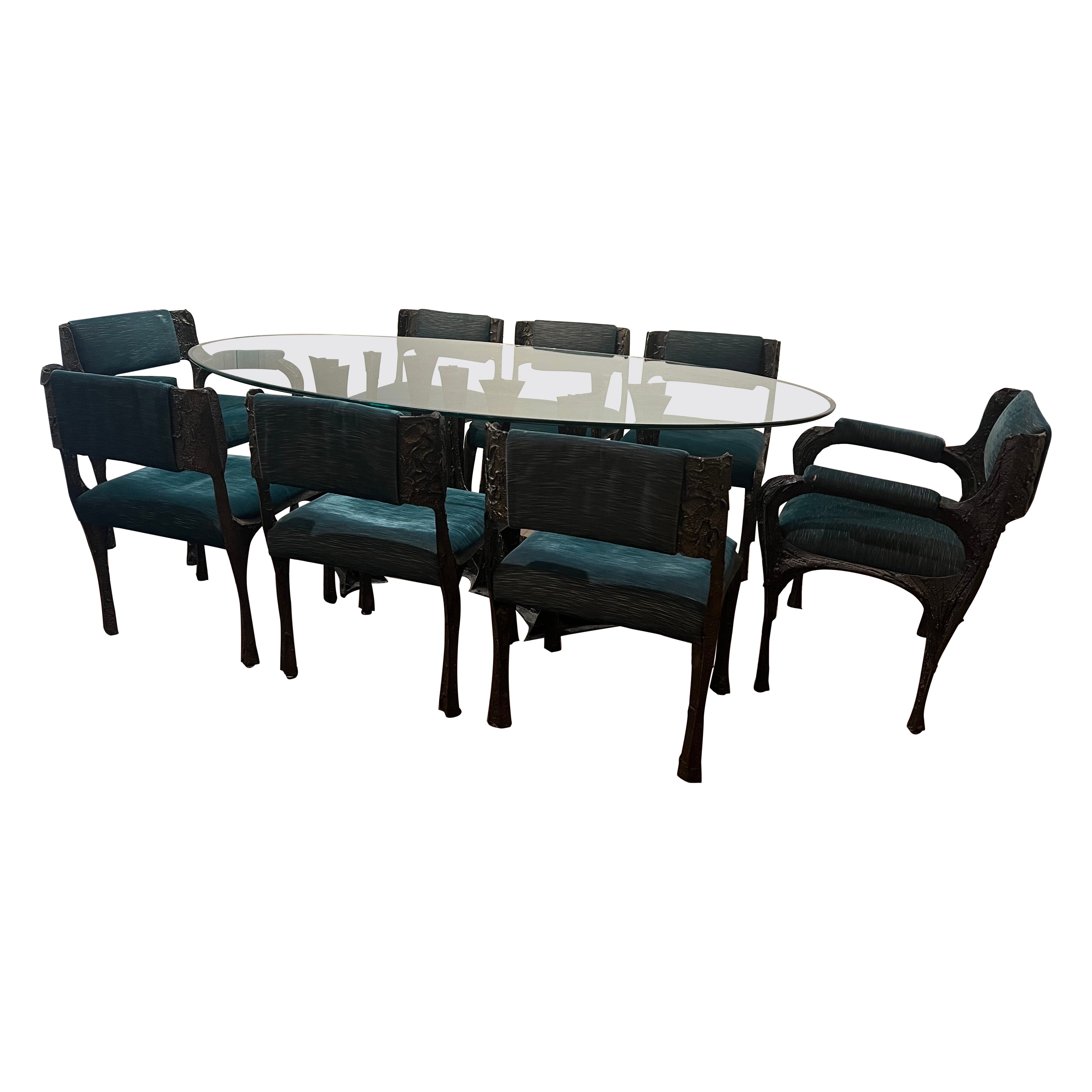 1969 Dining Table & 8 Chairs by Paul Evans Sculpted Bronze Brutalist 