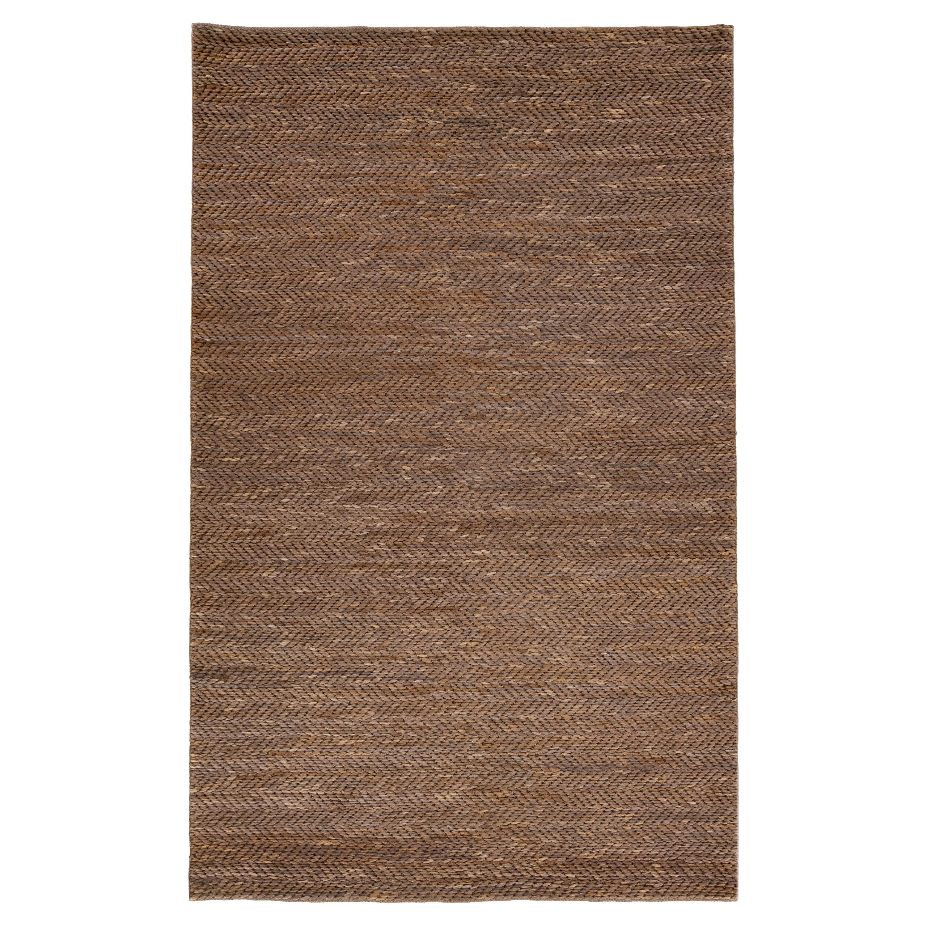 Modern Natural Texture Hand Woven Jute & Cotton Area Rug with Brown Color For Sale
