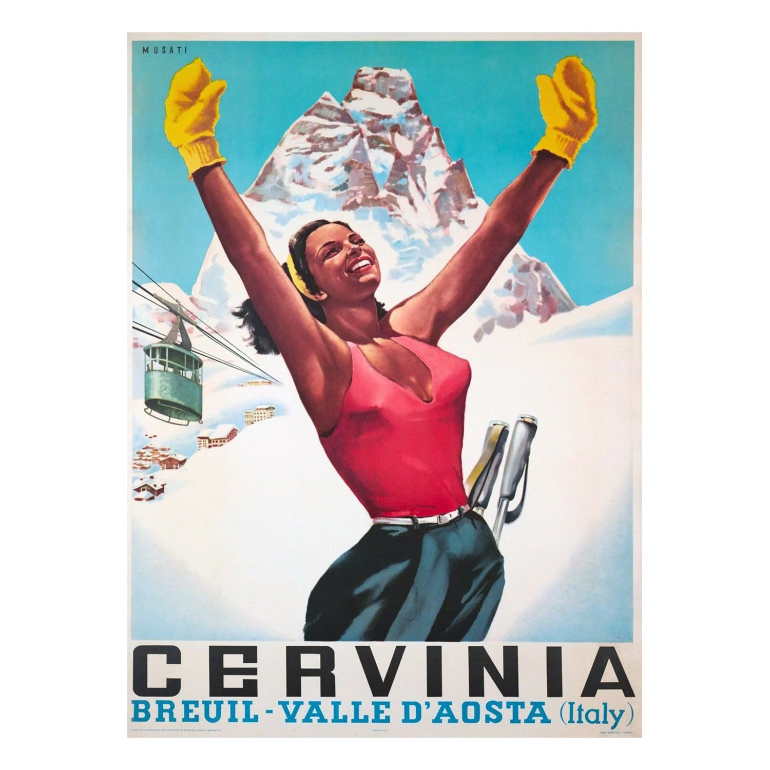 Affiche vintage d'origine de Cervinia, 1953