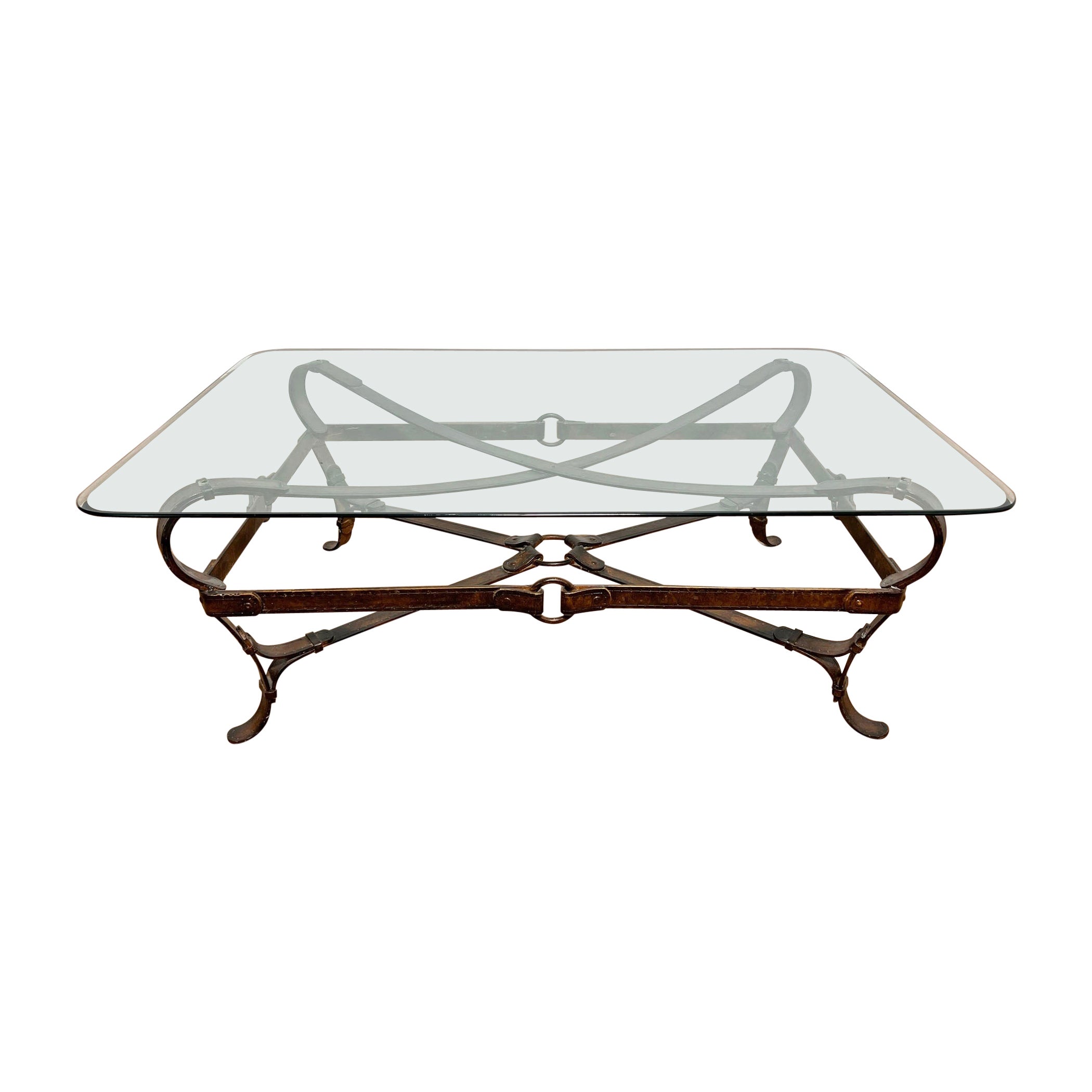 Jacques Adnet Hermes Style Tromp L'Oeil Equestrian Strap Coffee Table For Sale