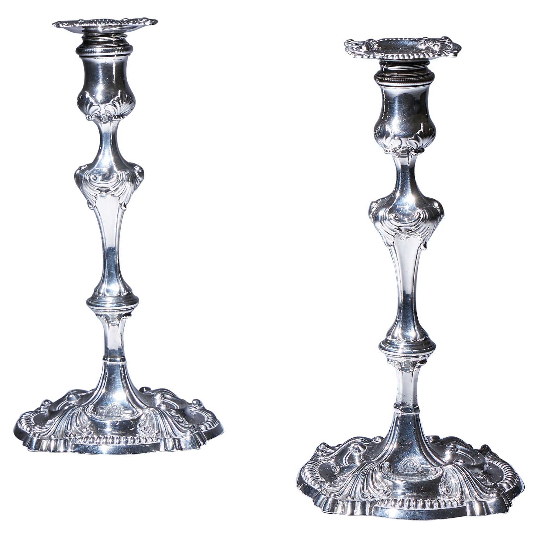 Pair of 18th Century George III Silver Candlesticks by David Bell, London, 1762 For Sale