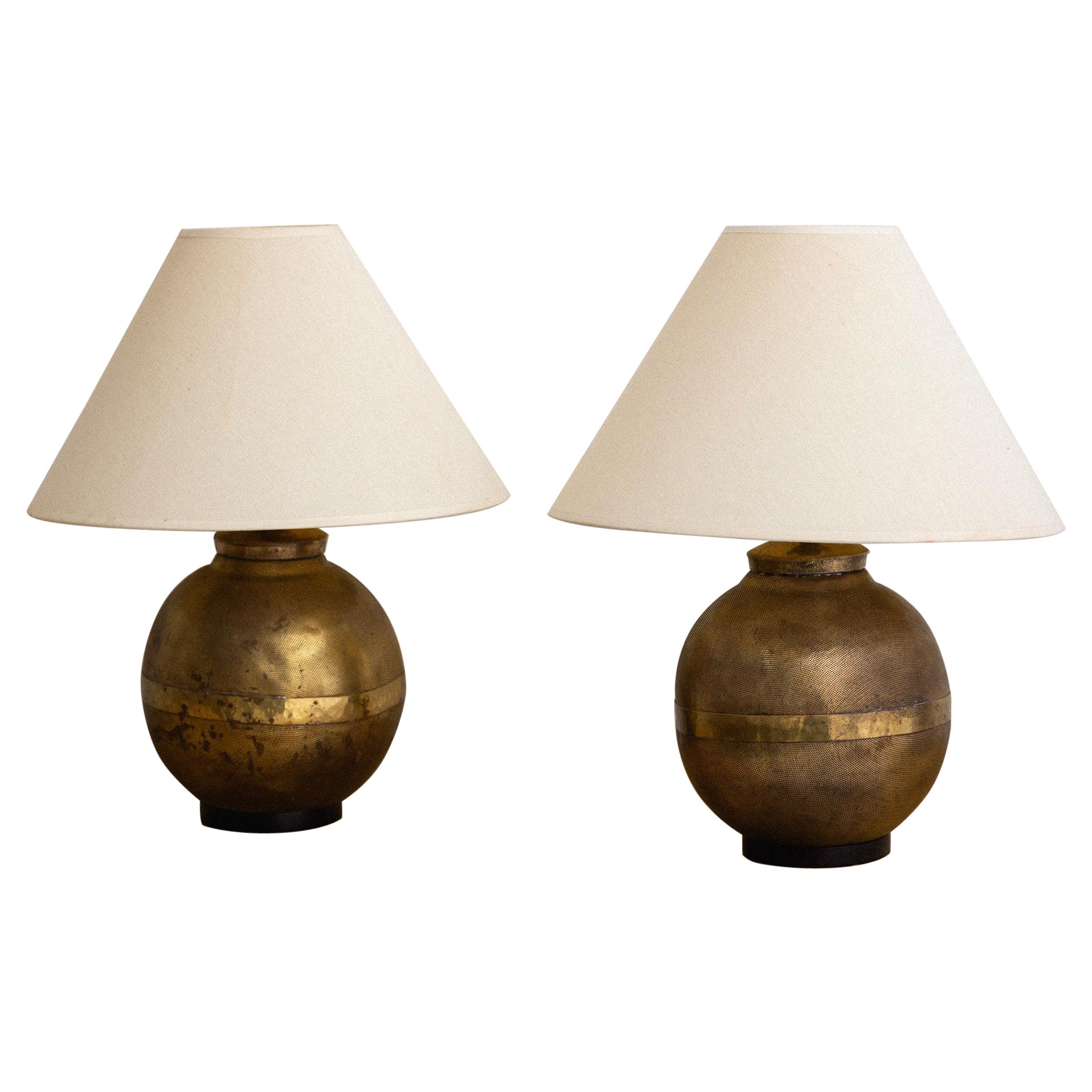 Perforated Brass Globe Lamps, a Pair