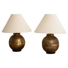 Perforated Brass Globe Lamps, a Pair