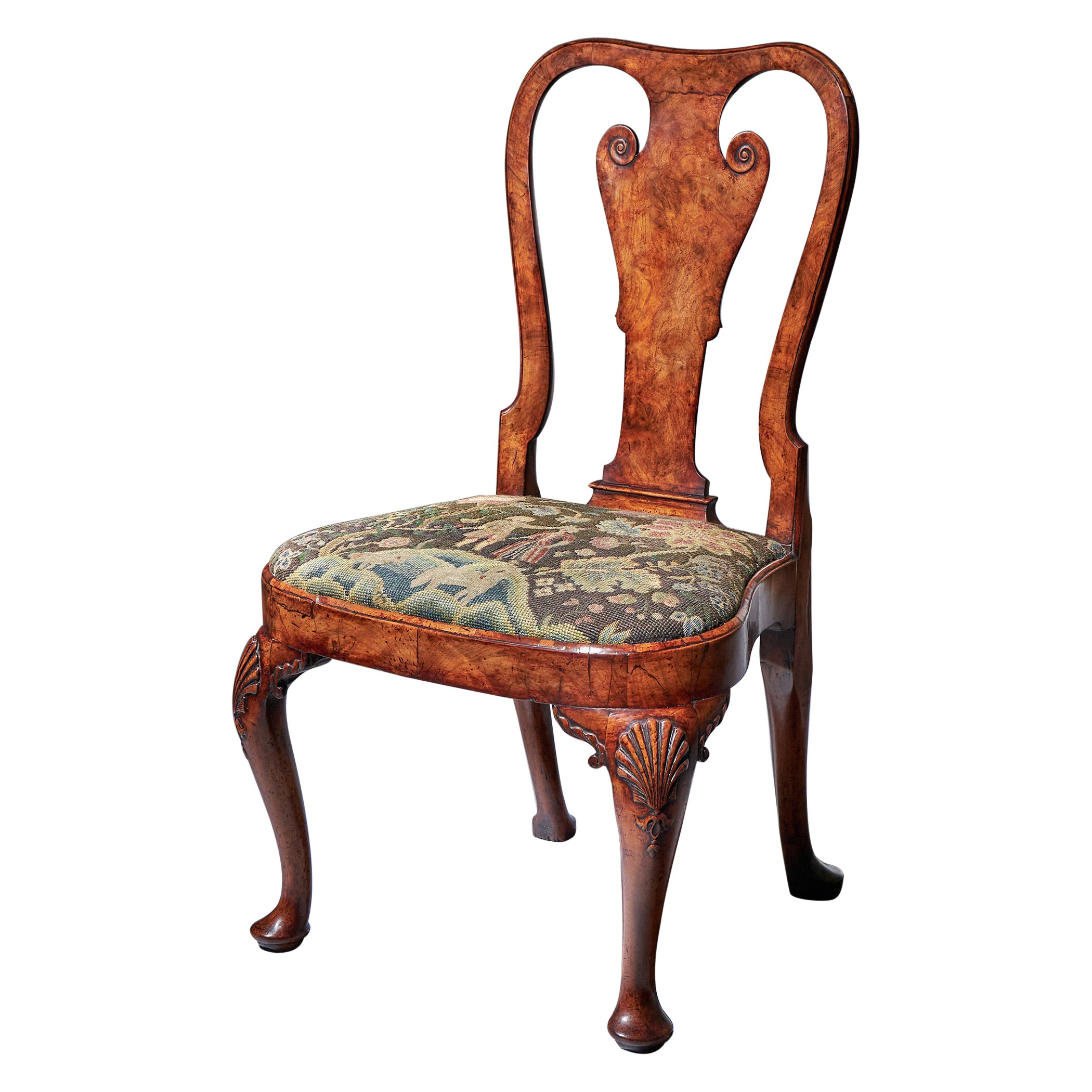 18th Century George I Carved Walnut Chair Covered in Period Needlework