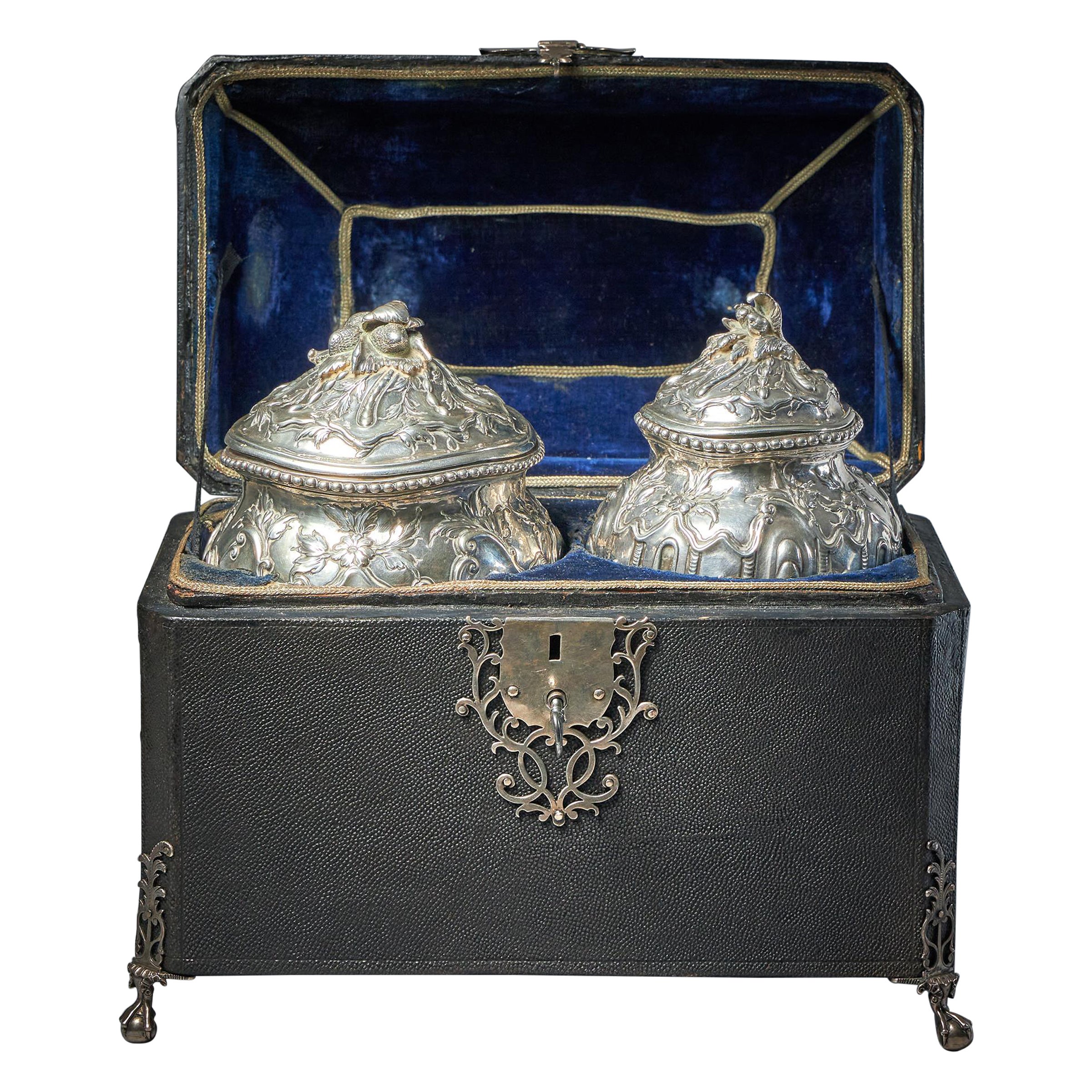 Rare Silver Mounted George II Shagreen Tea Caddy with Silver Rocco Canistors For Sale