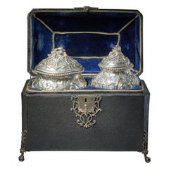 Rare Silver Mounted George II Shagreen Tea Caddy with Silver Rocco Canistors