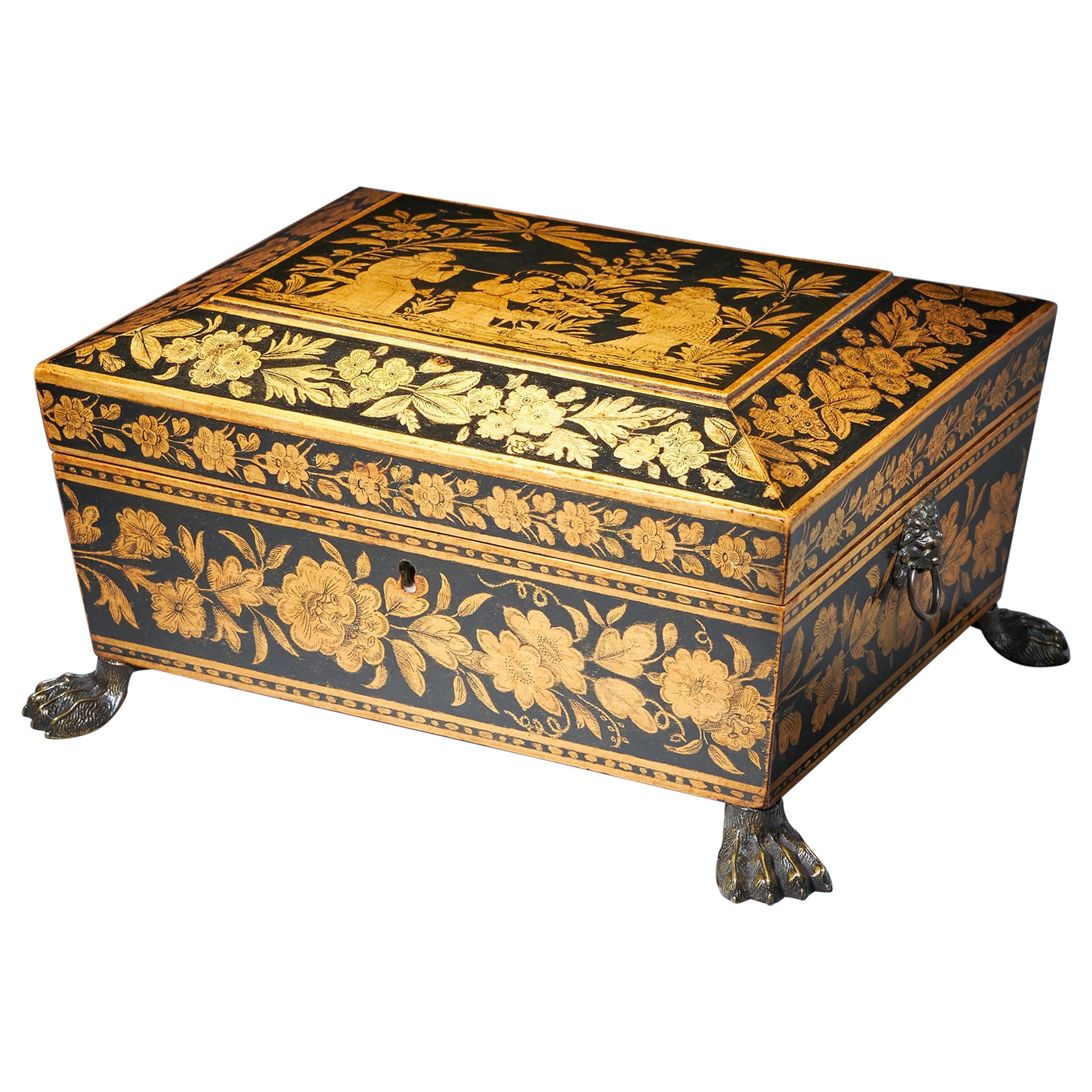 George III Chinoiserie Brass Mounted Penwork Jewellery Box, Signed E.F 1816 For Sale