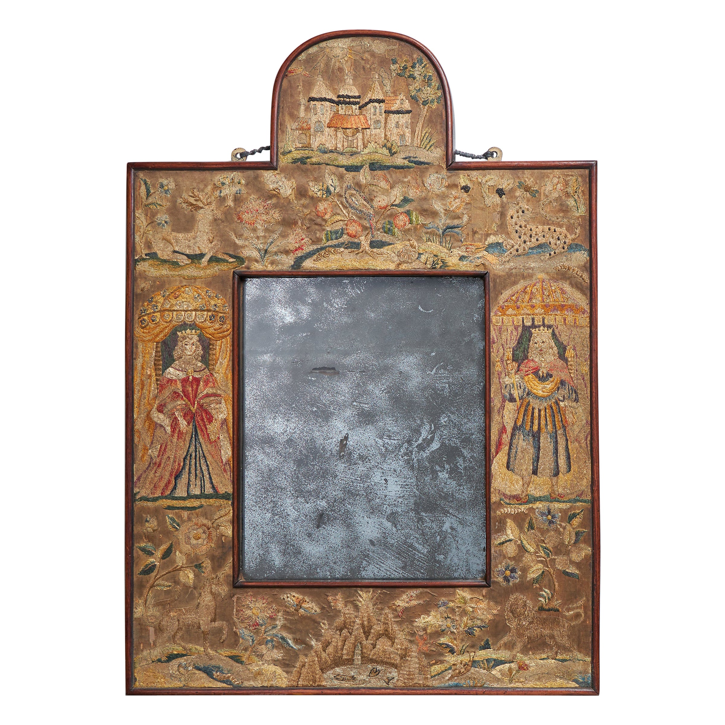 Important 17th Century Charles II  Silk Needlework / Stumpwork Mirror For Sale