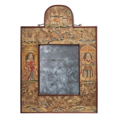 Miroir à l'aiguille en soie du 17ème siècle représentant Charles II et Catherine