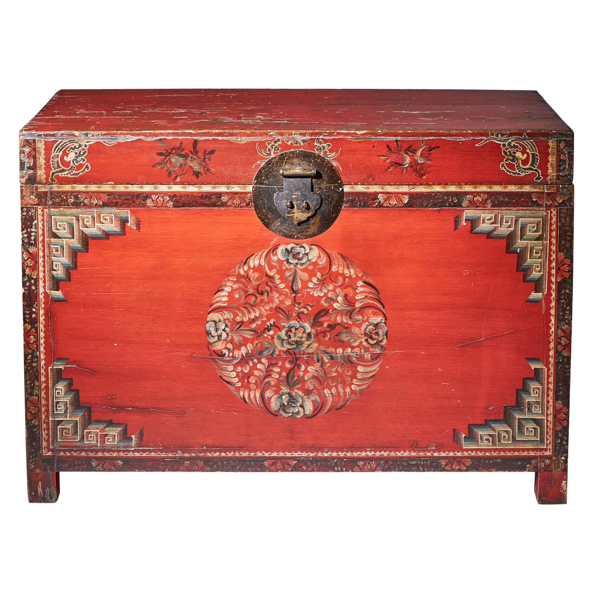 A Large 20th Century Red Japanned and Hand Decorated Tibetan Storage Chest For Sale