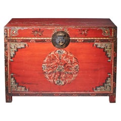 A Large 20th Century Red Japanned and Hand Decorated Tibetan Storage Chest