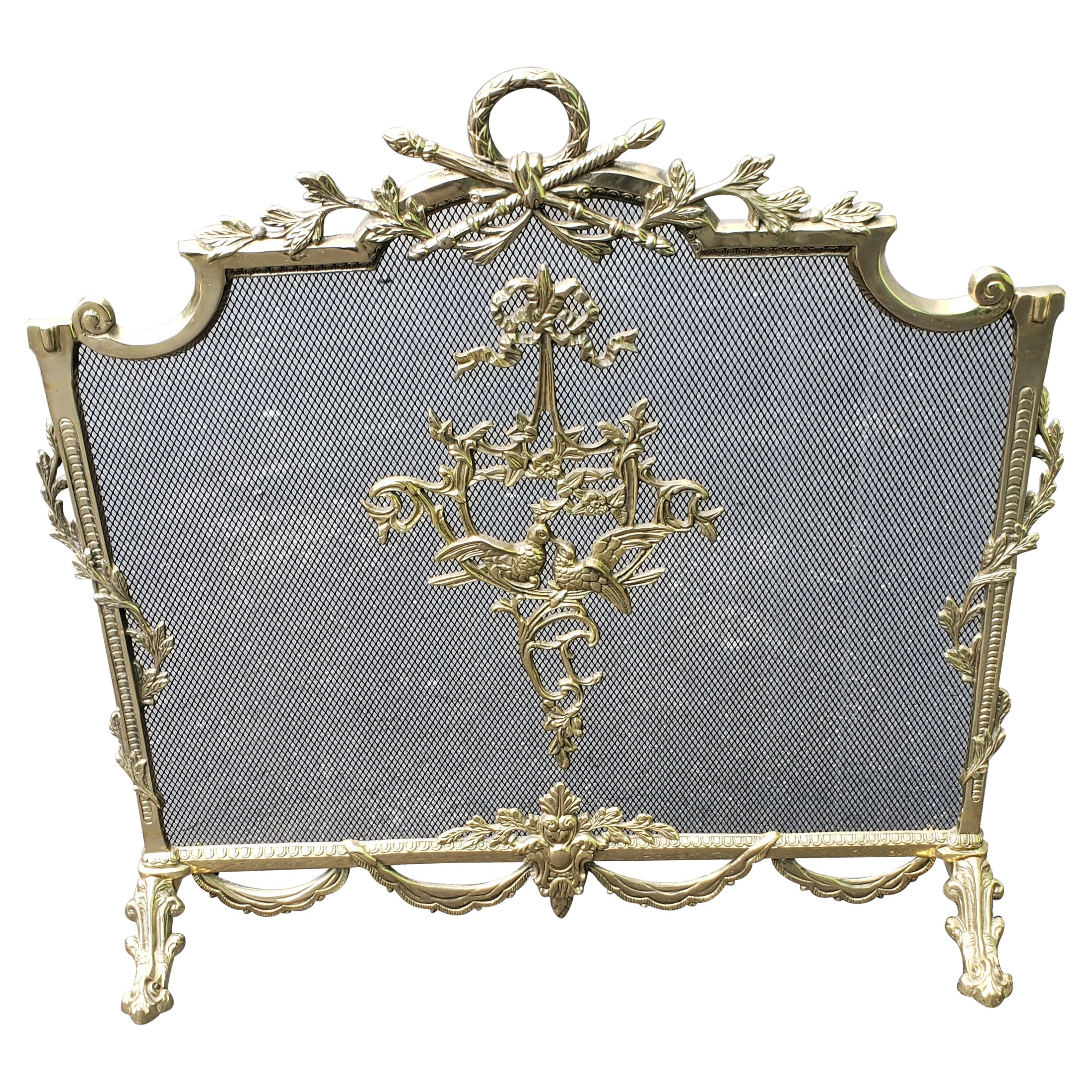 French Louis XVI Empire Style Ornate Brass Fireplace Screen For Sale
