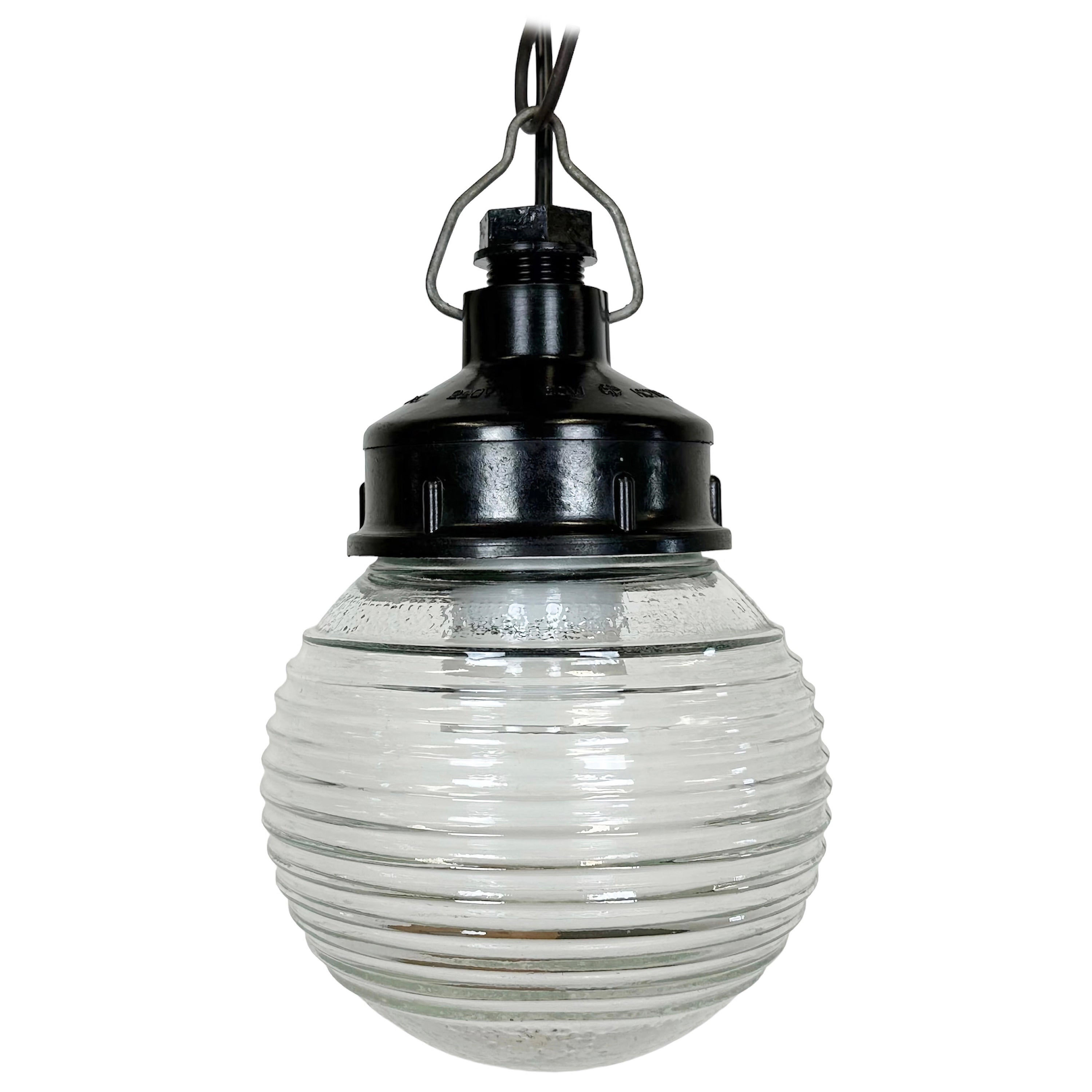 Industrial Bakelite Pendant Light with Ribbed Glass, 1970s For Sale