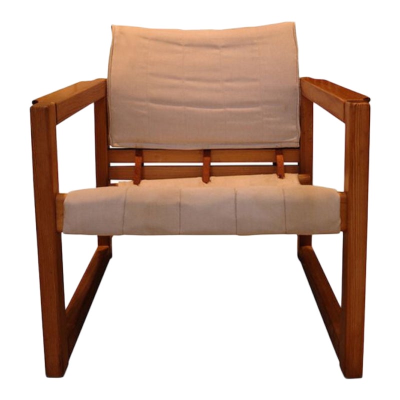 Karin Mobring fauteuil Safari en pin avec assise en toile et sangles en cuir