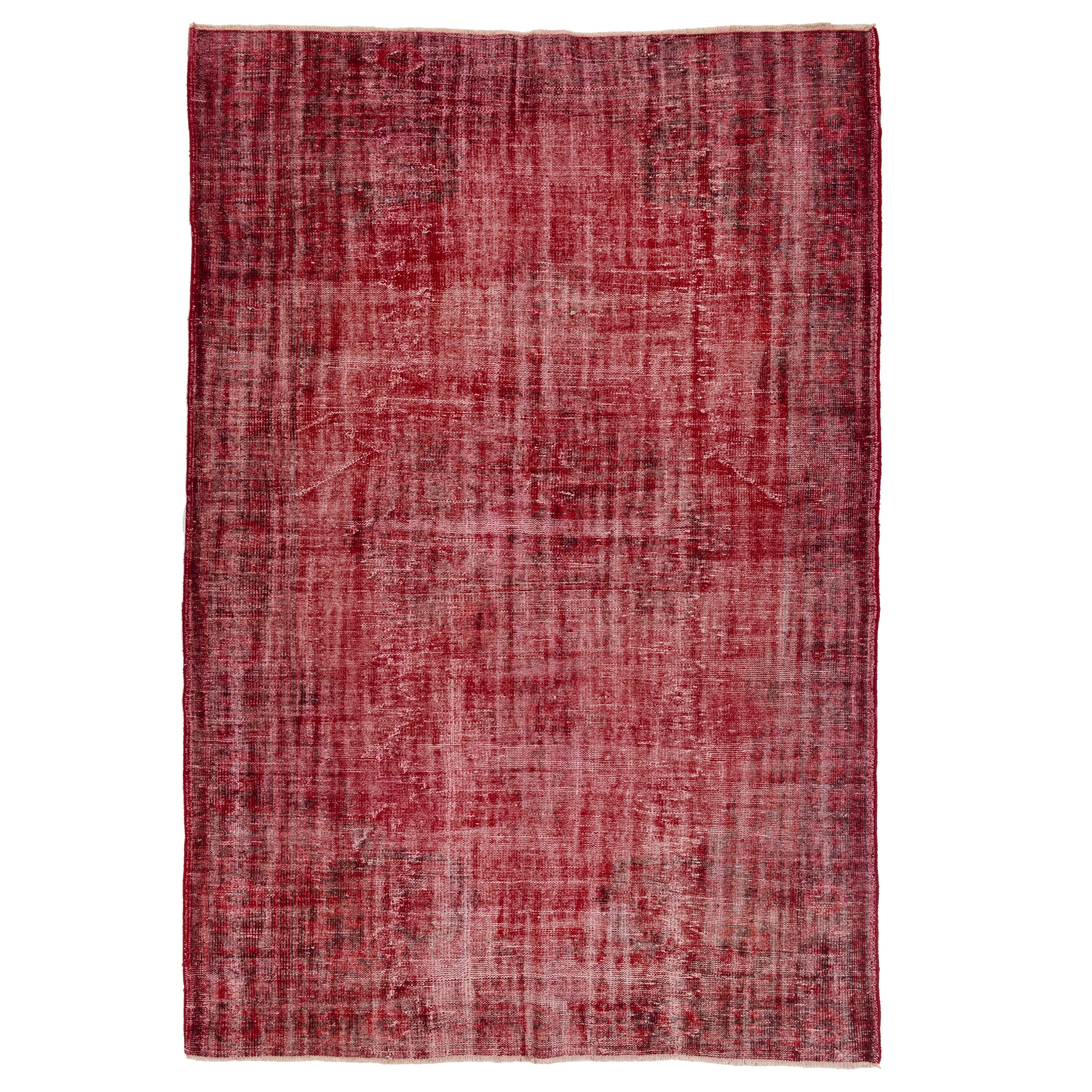 Shabby Chic Handmade Wool Rug in Burgundy Red, Vintage Turkish Carpet