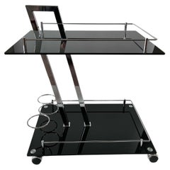 Vintage Italian Midcentury Serving Cart or Bar Cart, Black Glass and Chrome, 1960s