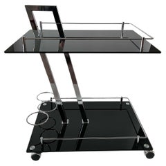 Retro Italian Midcentury Serving Cart or Bar Cart, Black Glass and Chrome, 1960s