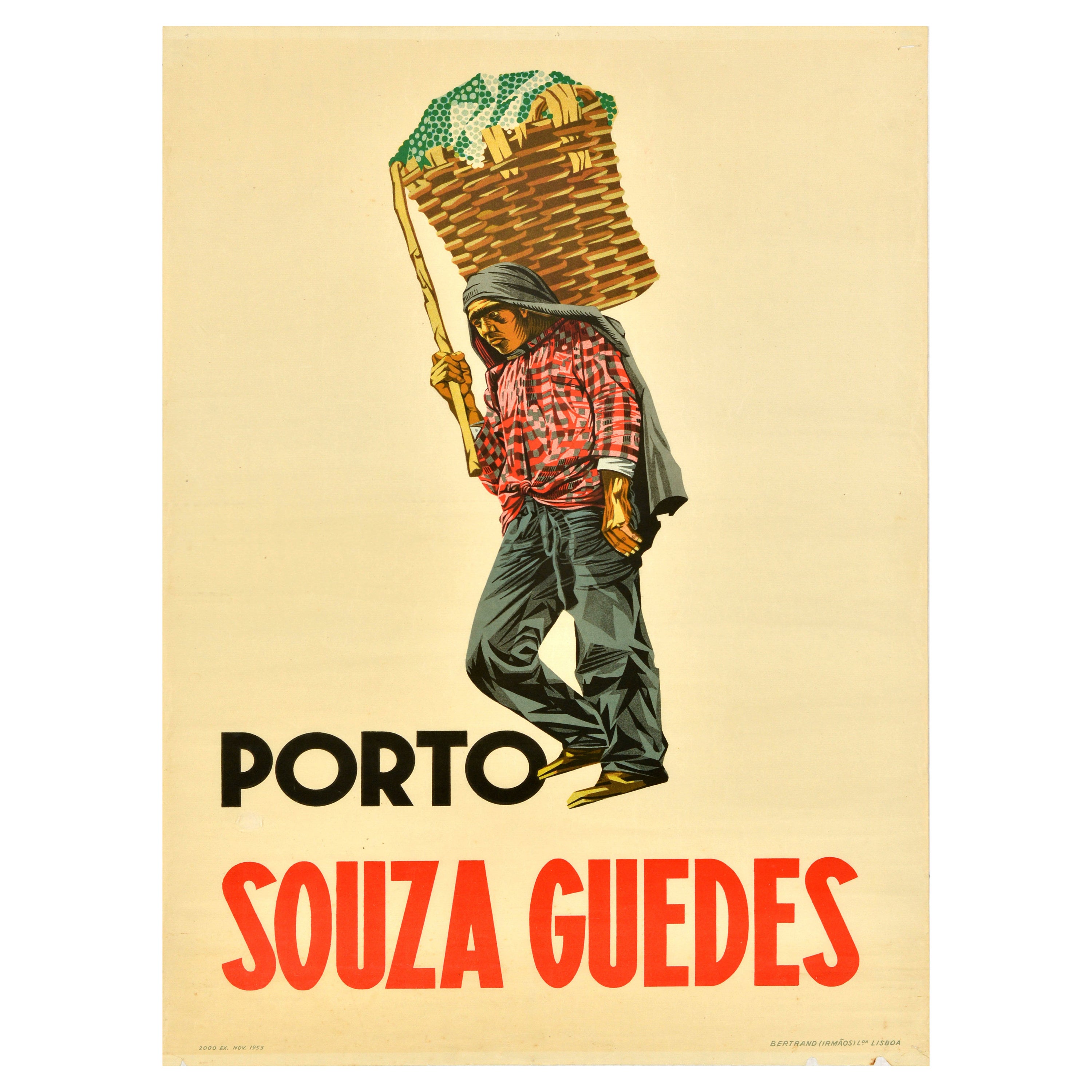Affiche rétro originale pour les boissons Porto Souza Guedes, Publicité pour le vin et le port du Portugal en vente