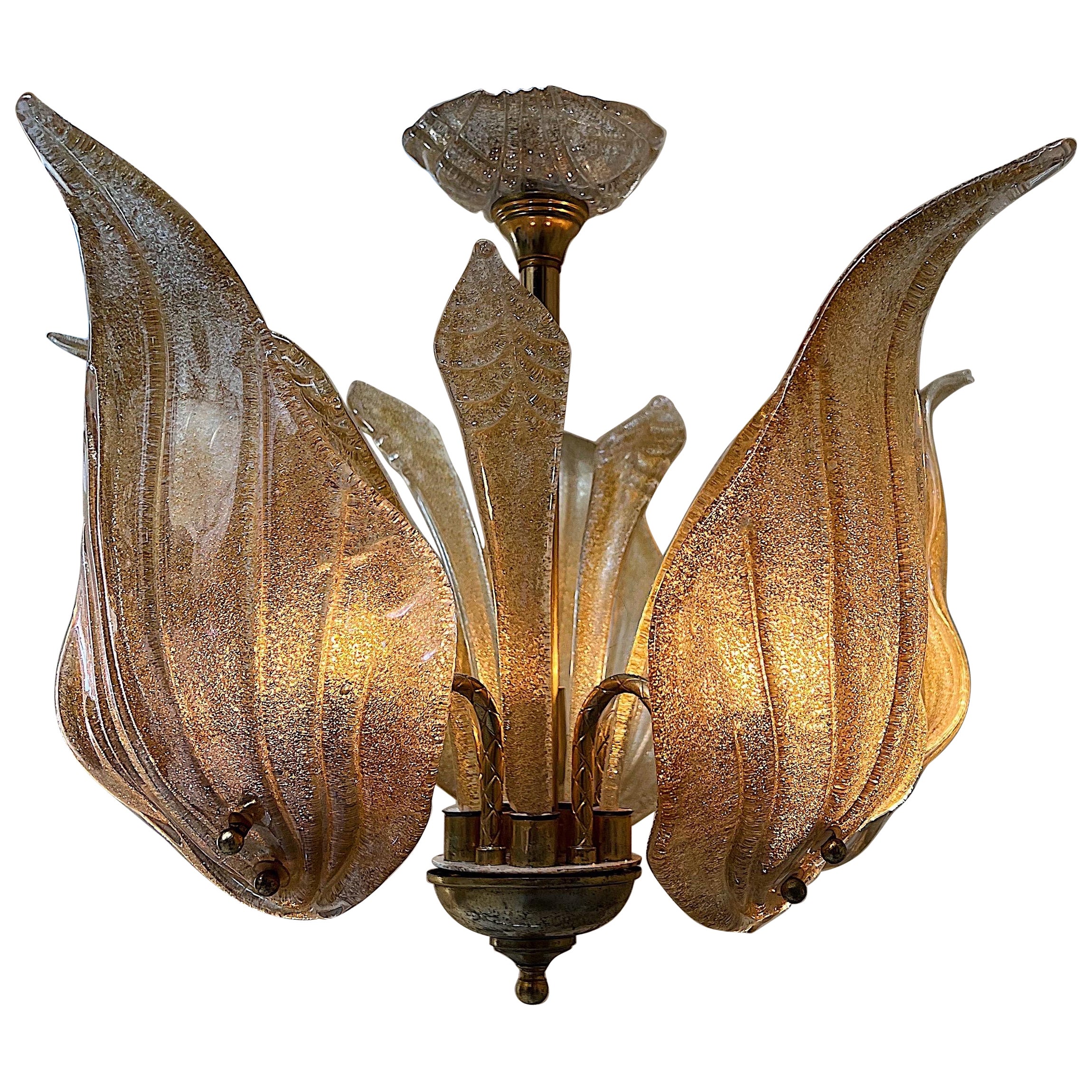Murano Glass Midcentury Gold Leaf Chandelier, 1980s For Sale