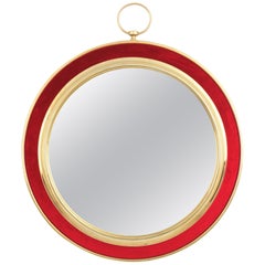 Vintage Red Velvet and Brass Wall Mirror, Piero Fornasetti Style