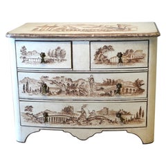 Painted French Four Drawer Bow Front Commode Decorated with Bridge Landscapes