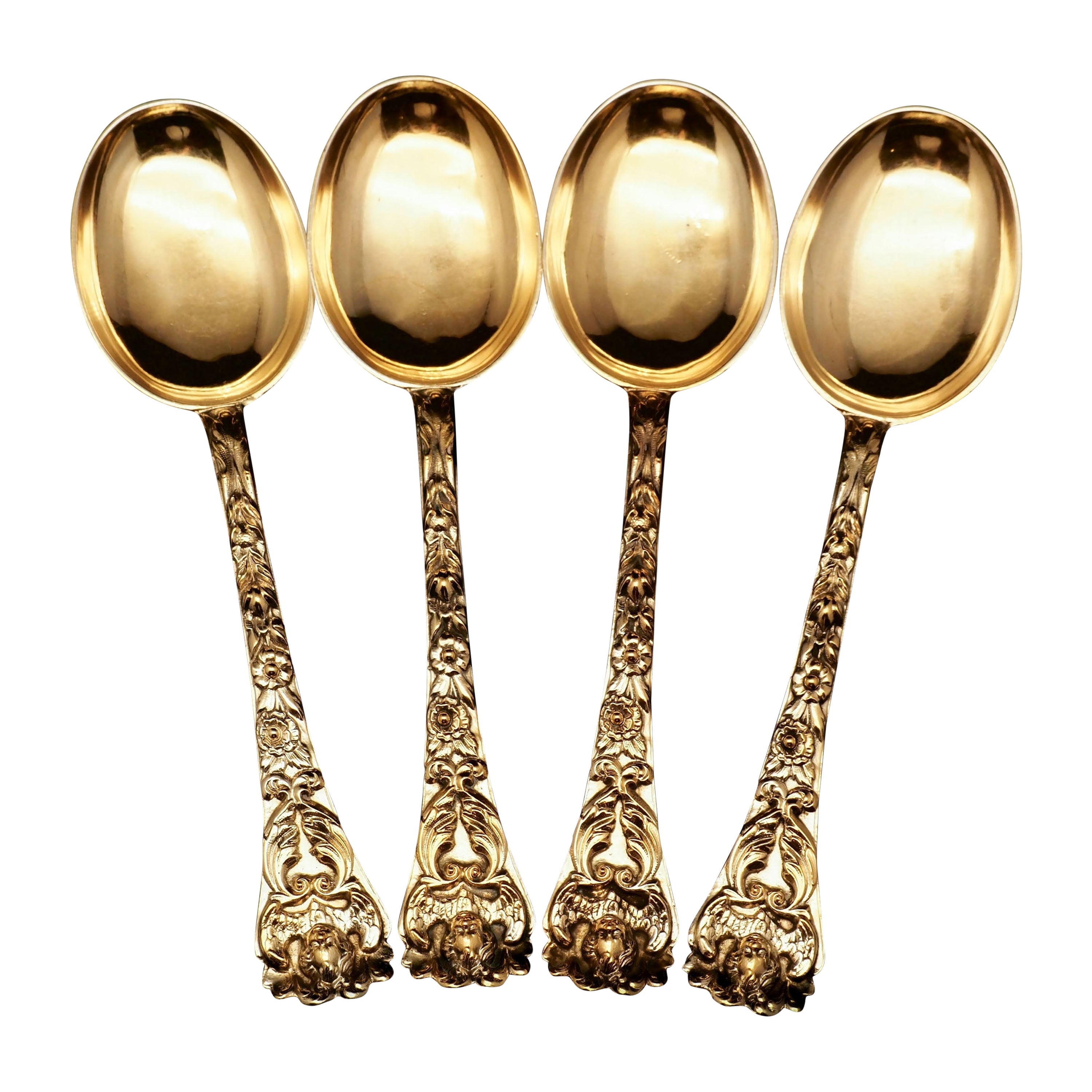 Antique Set of 4 Solid Silver Gilt Spoons Highly Embossed, Henry William Curry For Sale