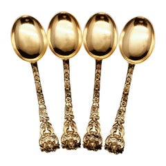 Antique Set of 4 Solid Silver Gilt Spoons Highly Embossed, Henry William Curry