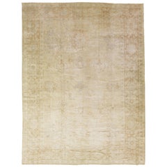 Turkish Oushak Wool Rug Handmade with Floral Design in Beige