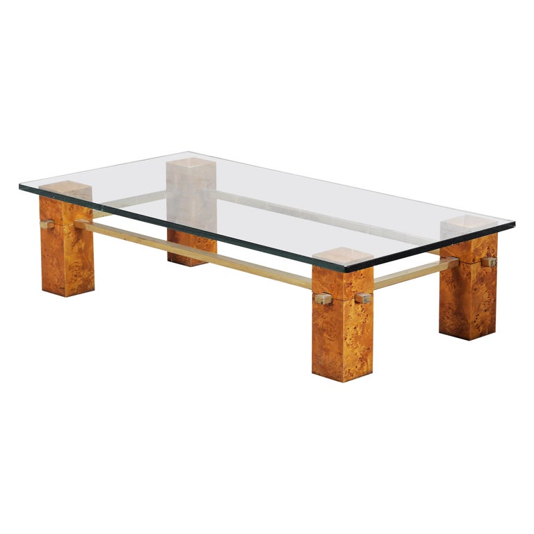 Italian Burl Wood and Brass Coffee Table In The Style Of Willy Rizzo