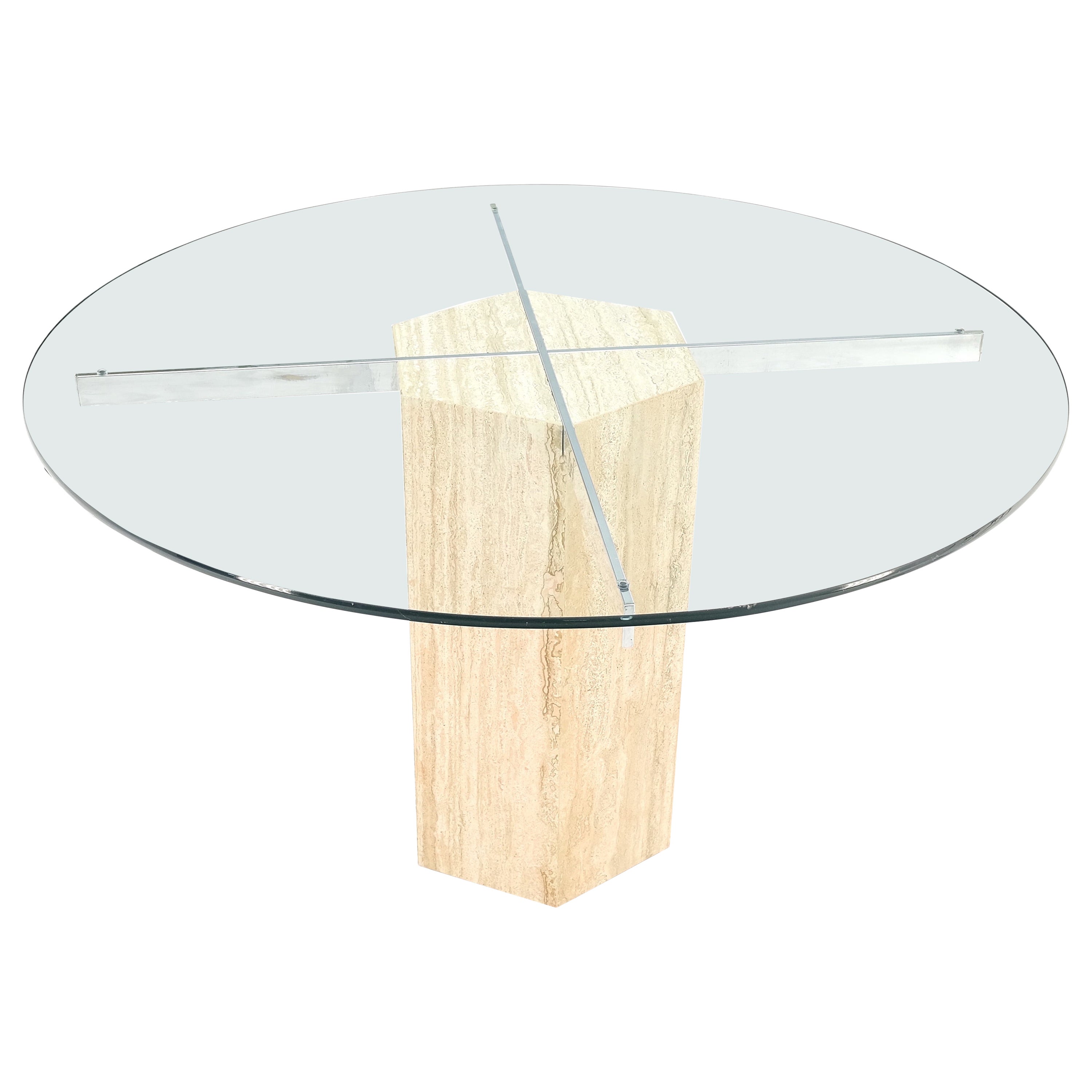 Table de salle à manger italienne hexagonale moderne mi-siècle avec base en travertin et plateau rond en verre