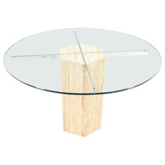 Used Hexagon Italian Travertine Base Glass Rond Top Mid-Century Modern Dining Table